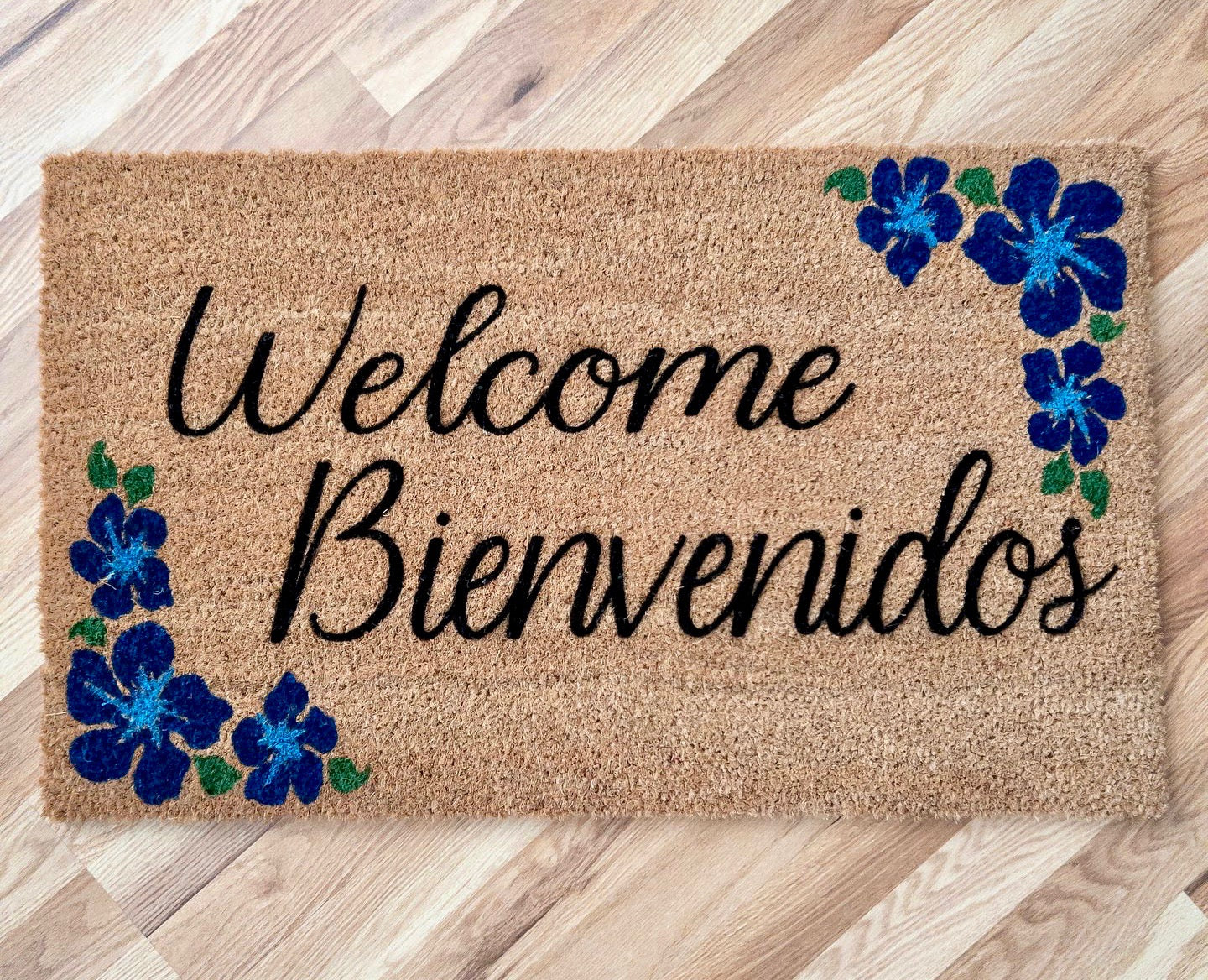 Welcome Bienvenidos hand painted doormat with hibiscus blue flower